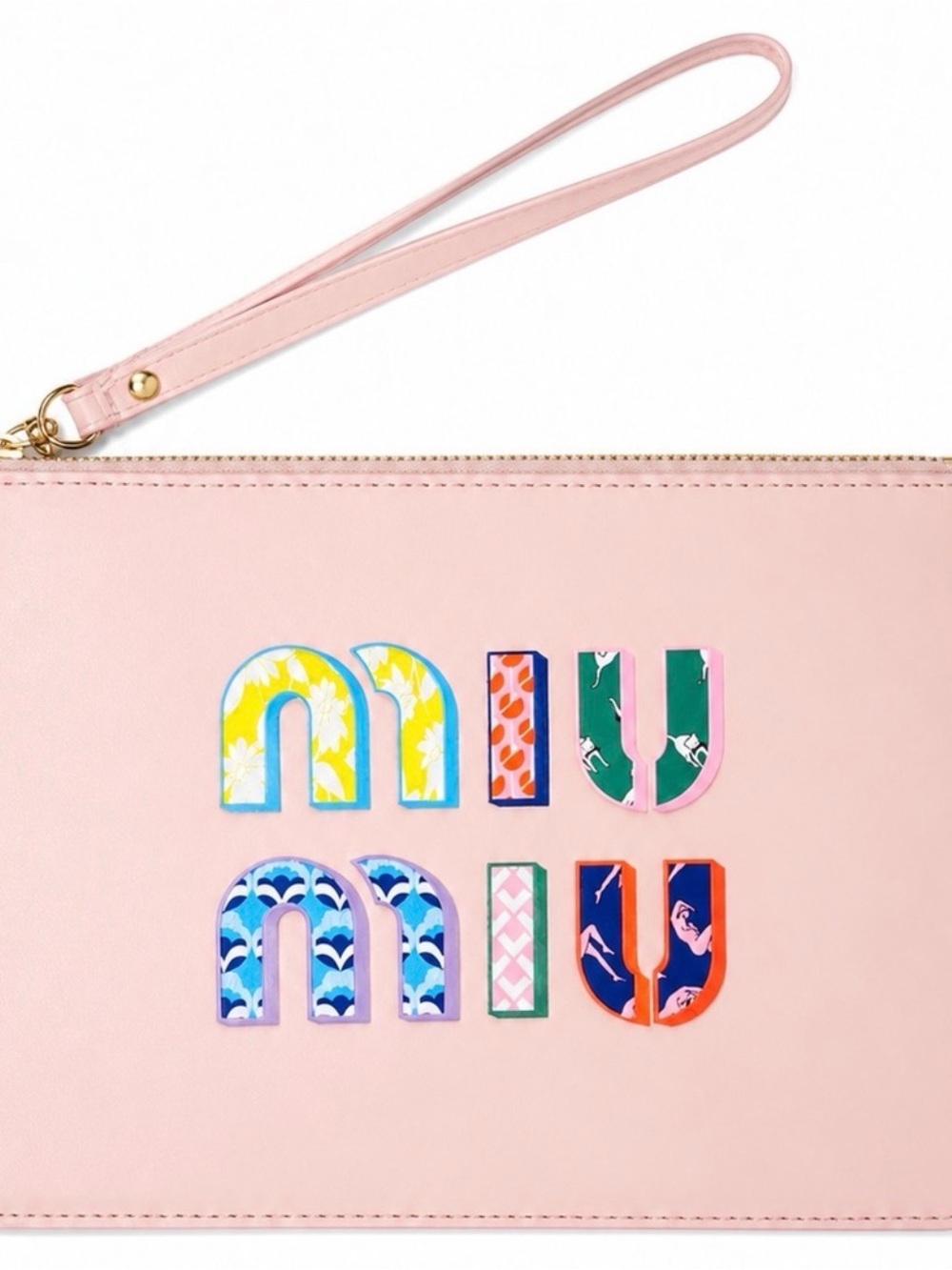 Like new  GWP Miu Miu Pastel Pink Wristlet Clutch with Multicolor Logo